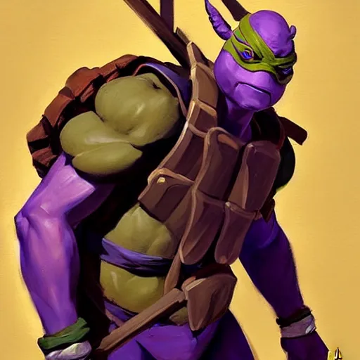 Image similar to Greg Manchess portrait painting of Donatello of TMNT as Overwatch character, medium shot, asymmetrical, profile picture, Organic Painting, sunny day, Matte Painting, bold shapes, hard edges, street art, trending on artstation, by Huang Guangjian and Gil Elvgren and Sachin Teng