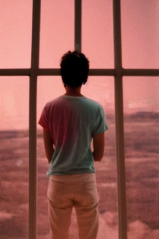 Prompt: far away kodak ultramax 4 0 0 photograph of a skinny guy looking out the window of a spaceship, back view, pink shirt, grain, faded effect, vintage aesthetic, vaporwave colors,