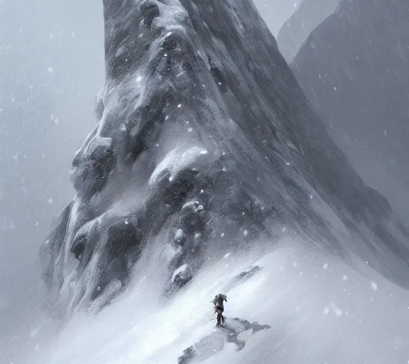 Prompt: a climber climbs a snowy mountain in a storm, close view, painting by craig mullins, octane rendering, soft morning lighting, wide angle lens, in the style of hayao miyazaki, trending on artstation,