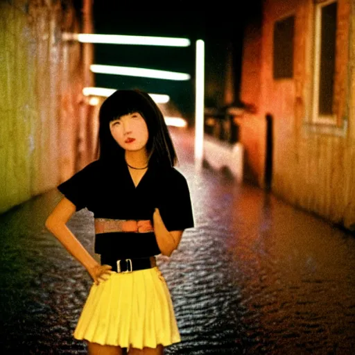 Prompt: 1990s perfect 8K HD professional cinematic photo of close-up japanese schoolgirl posing in dystopian alleyway with neon signs, at evening during rain, at instagram, Behance, Adobe Lightroom, with instagram filters, depth of field, taken with polaroid kodak portra