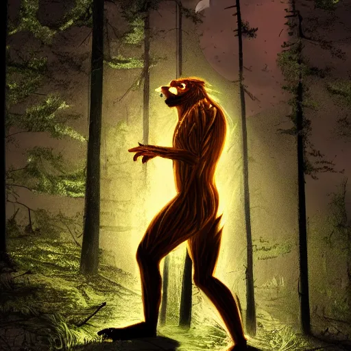 Image similar to man ripping off his skin turning into a werewolf, forest scenery, full moon, illuminated lighting, highly detailed, 4 k