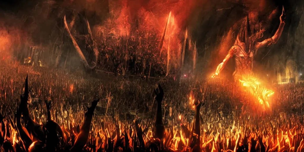 Image similar to Sauron playing guitar in a rock concert to a crowd of 5000 orcs in Mordor, epic, realistic, 8k resolution, detailed, cinematic lighting, cinematic