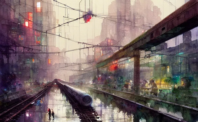 Image similar to an urban train rides inside of a waterway on a fantasy city. intricate, amazing composition, colorful watercolor, by ruan jia, by maxfield parrish, by marc simonetti, by hikari shimoda, by robert hubert, by zhang kechun, illustration, gloomy