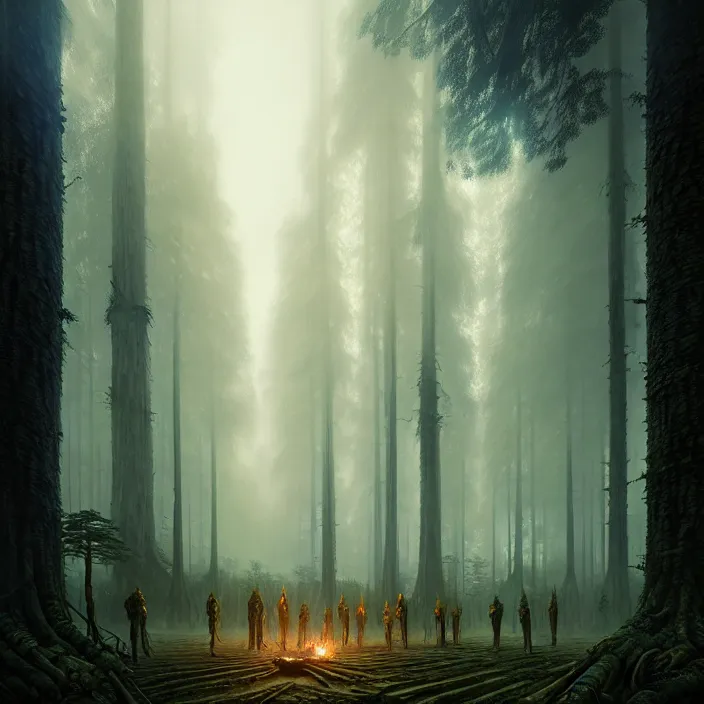 Image similar to the forest council, gods, environment, illustration, symmetrical, smoky, unreal engine, colors, epic scene, fantasy art by greg rutkowski, octane redner, golden raito, high quality, intricate details, highly details, intricate, atmosphere, highly detailed, matte painting, cinematic, deviantart, realistic, concept art, 4 k