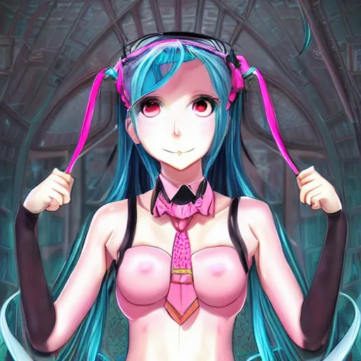 Image similar to trapped by stunningly beautiful omnipotent megalomaniacal otome anime asi goddess who looks like junko enoshima with symmetrical perfect face and porcelain skin, pink twintail hair and mesmerizing cyan eyes, taking control while smiling mischievously, inside her surreal vr castle, hyperdetailed, digital art from danganronpa, 8 k