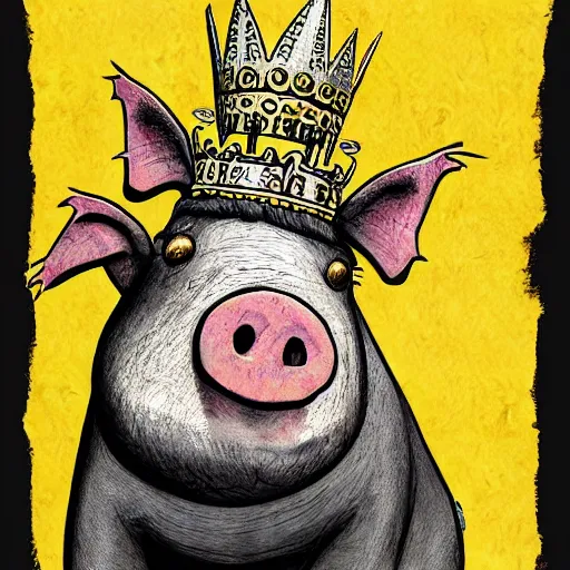Prompt: grunge cartoon sketch of a pig in a gold crown by - beeple , loony toons style, horror themed, detailed, elegant, intricate