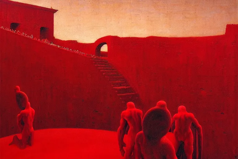 Image similar to only with red, a red melted emperor, taormina amphitheatre, crowd hails him, in the style of beksinski, parts by edward hopper, parts by rodcenko, parts by yue minjun, intricate and epic composition, red by caravaggio, insanely quality, highly detailed, masterpiece, red light, artstation, 4 k