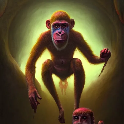 Image similar to a heroic psychedelic ape, hero character art, scars, by chris leib and greg rutkowski and android jones in a vibeant fantasy lovecraftian style, oil on canvas, dramatic lighting, raytracing, 8k, hd.