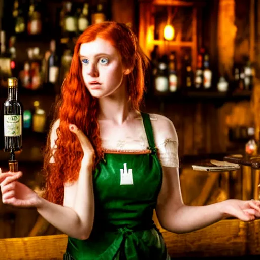 Prompt: beautiful bar maid with auburn hair and green eyes, in a medieval tavern at night, cinematic, filmic