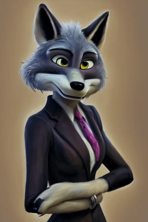 Image similar to oil painting of anthromorphic female wolf, in style of zootopia, female fursona, furry, furaffinity, 4 k, deviantart, furry art, fursona art, wearing black business suit, business suit, wolf fursona, female, very expressive detailed feminine face,