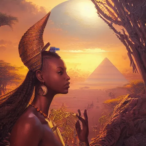 Image similar to highly detailed portrait of an african egyptian goddess, intricate alien technology, stephen bliss, unreal engine, fantasy art by greg rutkowski, loish, rhads, ferdinand knab, makoto shinkai and lois van baarle, ilya kuvshinov, rossdraws, tom bagshaw, global illumination, radiant light, detailed and intricate environment