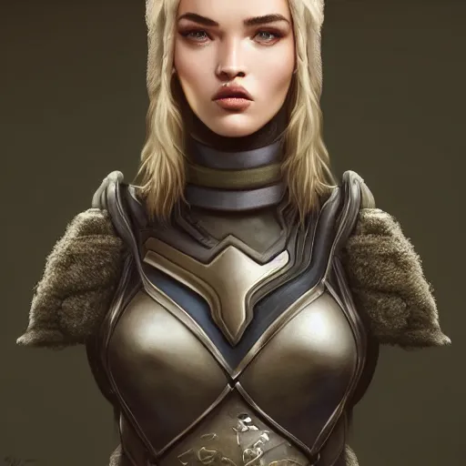 Prompt: tom bagshaw, very beautiful genetic mix of dove cameron madison beer bella poarch megan fox in a gorgeous ranger archer steam armor and short boyish tomboy blonde haircut, natural makeup, professionally retouched, focus eyes, ultra realistic soft painting, insanely detailed linework, partial symmetrical accurate intricate features, behance artstation, 8 k