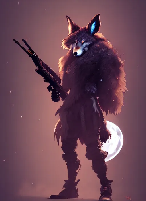 Prompt: dark gray male anthropomorphic wolf fursona, long red hair wearing destiny 2 armor and holding a sniper rifle. character design by cory loftis, fenghua zhong, ryohei hase, ismail inceoglu and ruan jia. artstation, volumetric light, highly detailed, photorealistic, fantasy, rendered in octane