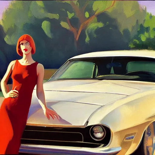 Prompt: Character portrait with car, dated a woman that lived on Cooterneck Road, She had a catfish Camero and was cooler than me, by Edward Hopper, Bo Bartlett, and Cynthia Sheppard, Artstation