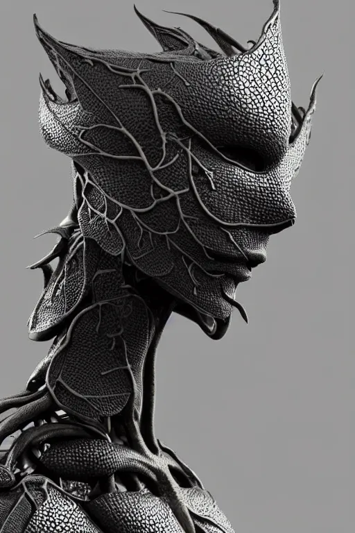 Image similar to bw close - up profile face, black background, beautiful young porcelain vegetal - dragon - cyborg - female, 1 5 0 mm, beautiful natural soft rim light, silver gold details, magnolia leaves and stems, roots, mandelbot fractal, elegant, hyper real, ultra detailed, white metallic armour, octane render, 1 6 k