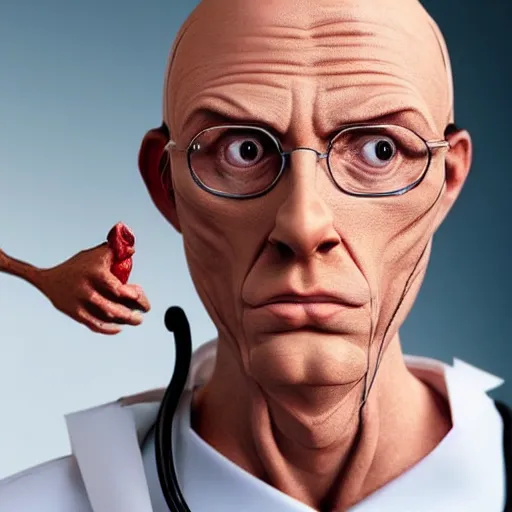 Image similar to A middle-aged Dr. Venture in real life with a hooked nose, a long gaunt face and skinny body and neck, very thin and bald, realistic, very realistic, hyperrealistic, highly detailed, very detailed, extremely detailed, detailed, digital art, oil painting, trending on artstation, headshot and bodyshot, detailed face, very detailed face, extremely detailed face, HD Quality, 8k resolution, very very detailed face, real life