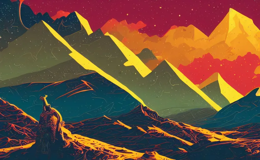 Image similar to mountains, stars and paisley filled sky, artstation, intricate, highly detailed, digital painting, concept art, sharp focus, illustration by tom whalen and charles williams and kilian eng and james jean