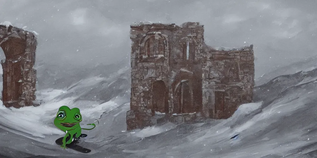 Image similar to pepe the frog snowboarding, gloomy landscape, ruins, painted by christopher radlund