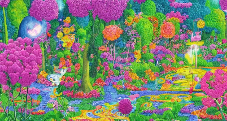 Prompt: bosch painting of a garden using lisa frank colors