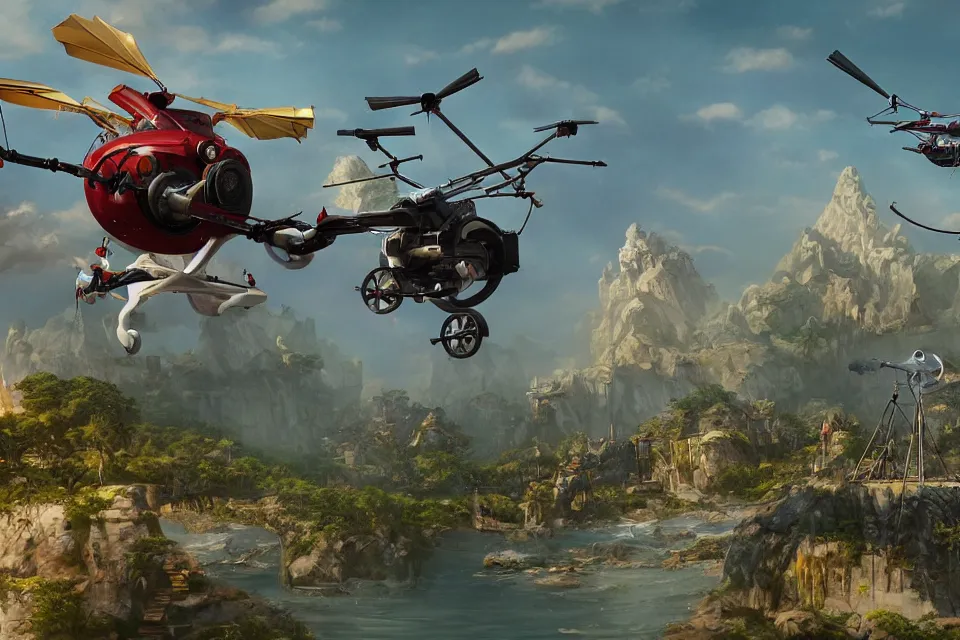 Image similar to pudge hooking gyrocopter with chen helping in background, unreal 5, high detailed, fantasy matte painting, super wide angle