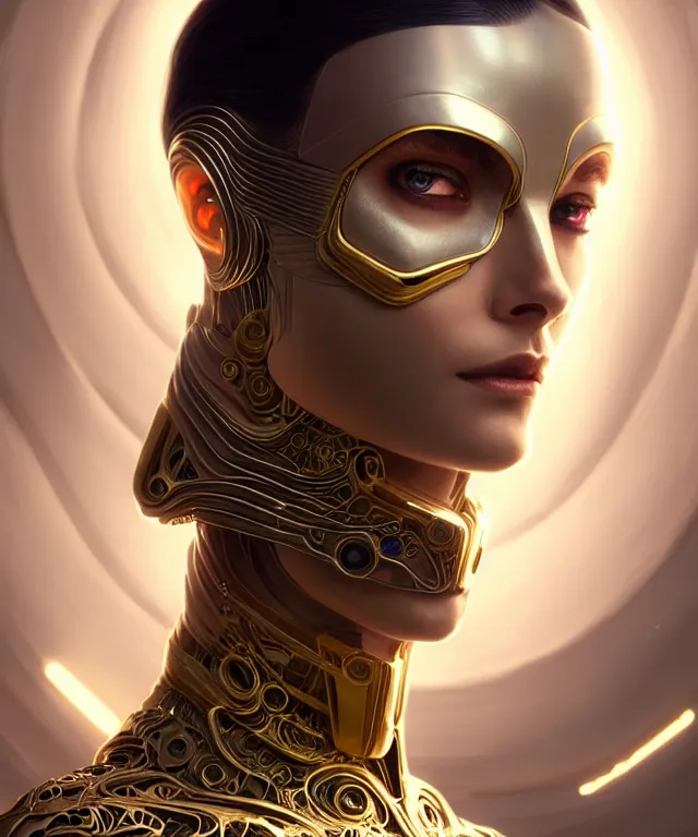 Image similar to futuristic woman android portrait, sci-fi female, azure eyes, face, short hair tomboy, cyberpunk, intricate, elegant alabaster skin, highly detailed gold filigree, digital painting, artstation, concept art, smooth, sharp focus, illustration, art by artgerm and greg rutkowski and alphonse mucha