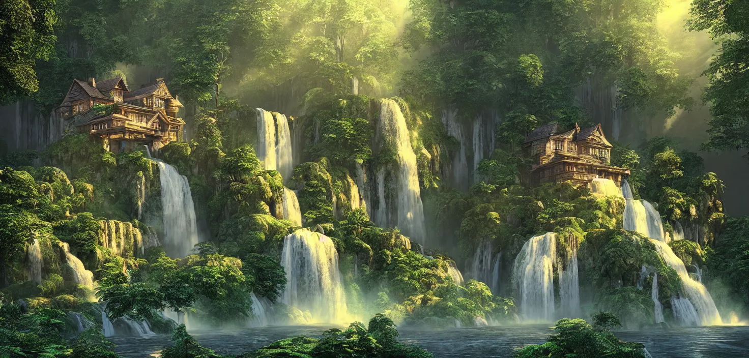 Image similar to beautiful big house in the forest, a big waterfall flows down from the mountain, vector art, octane render, fabulous, hyper detailed, random cinematic view, no noise, global illumination, warm lighting, volumetric, godrays, vivid, beautiful, by jordan grimmer