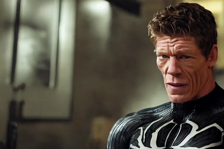 Image similar to film still of Thomas Haden Church as Eddie Brock wearing Venom costume without headpiece in Spider-man 3 2007, 4k