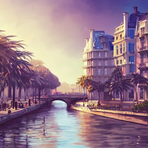 Image similar to the beautiful city of paris rebuilt near the pacific ocean in sunny california, amazing weather, sandy beach, palm trees, splendid haussmann architecture, digital painting, highly detailed, intricate, concept art, matte painting, trending on artstation