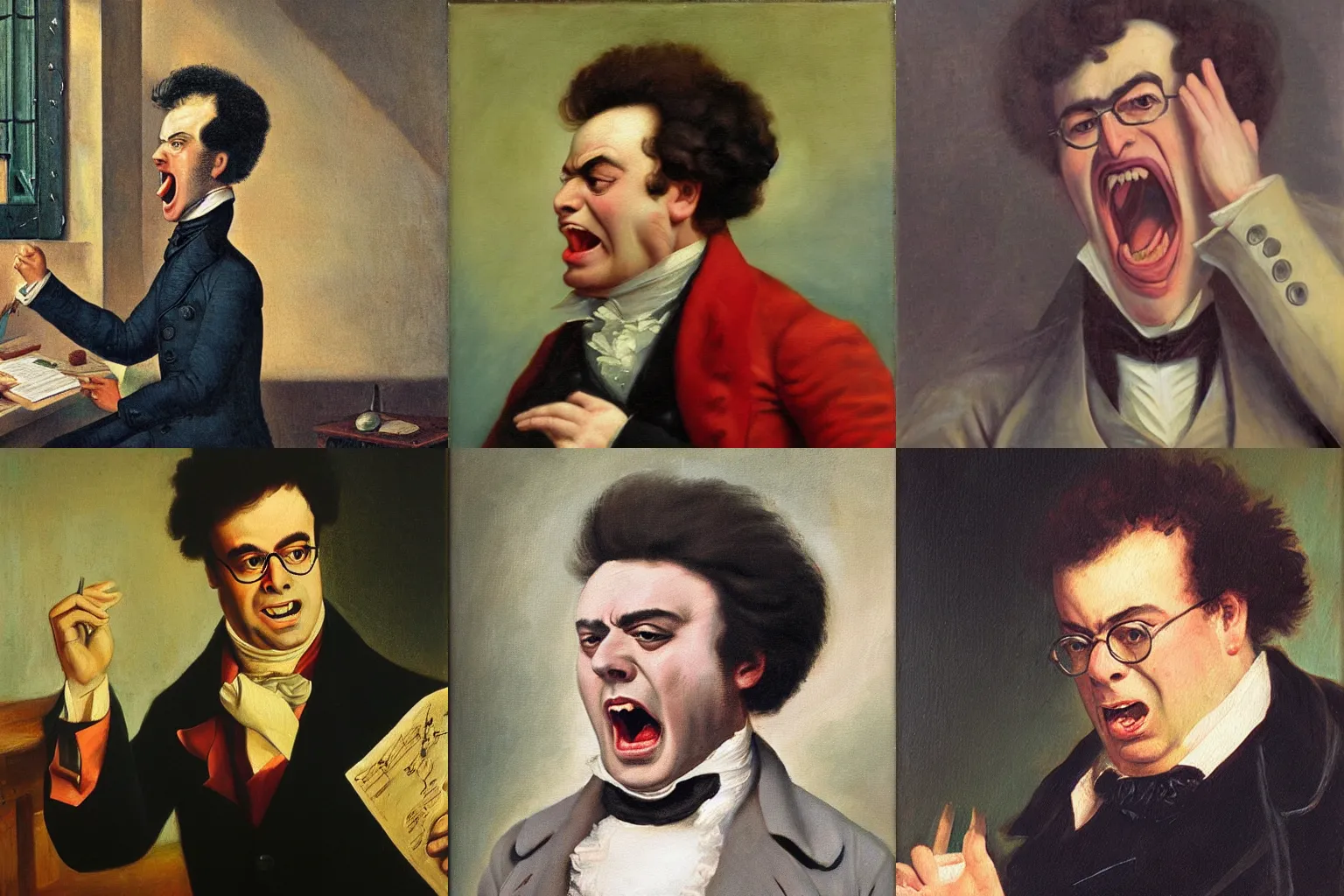 Prompt: angry franz schubert screaming at someone, an oil painting