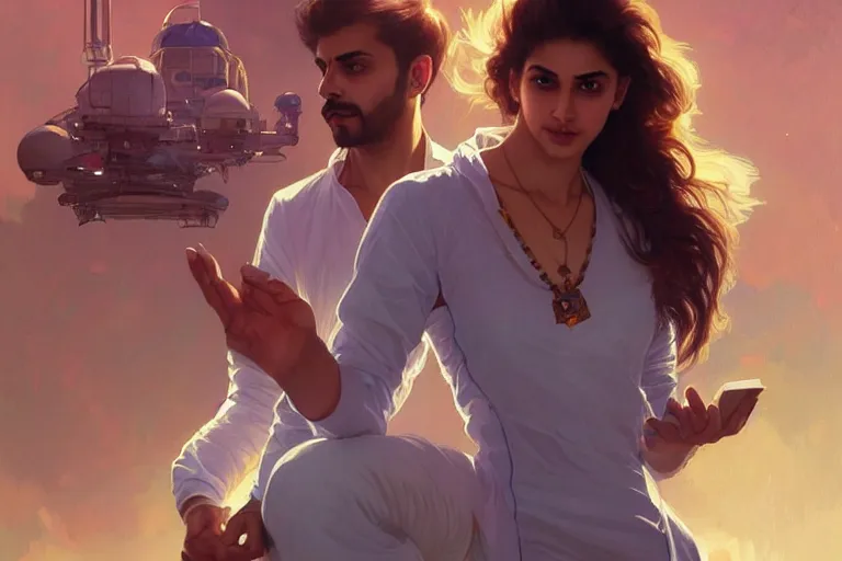 Image similar to Sensuous good looking pale young Indian doctors wearing jeans in a space station above Earth, portrait, elegant, intricate, digital painting, artstation, concept art, smooth, sharp focus, illustration, art by artgerm and greg rutkowski and alphonse mucha