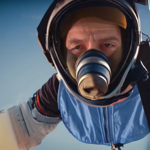 Image similar to a film still of a jet pilot wearing a flight suit and gas mask, attached to a parachute, in the sky, 8k