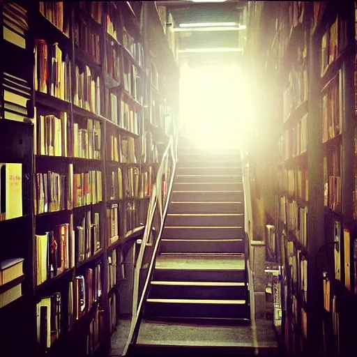 Image similar to “lost in a labyrinth that is Powell’s City of Books. Sunlit. Lots of clarity. photo”