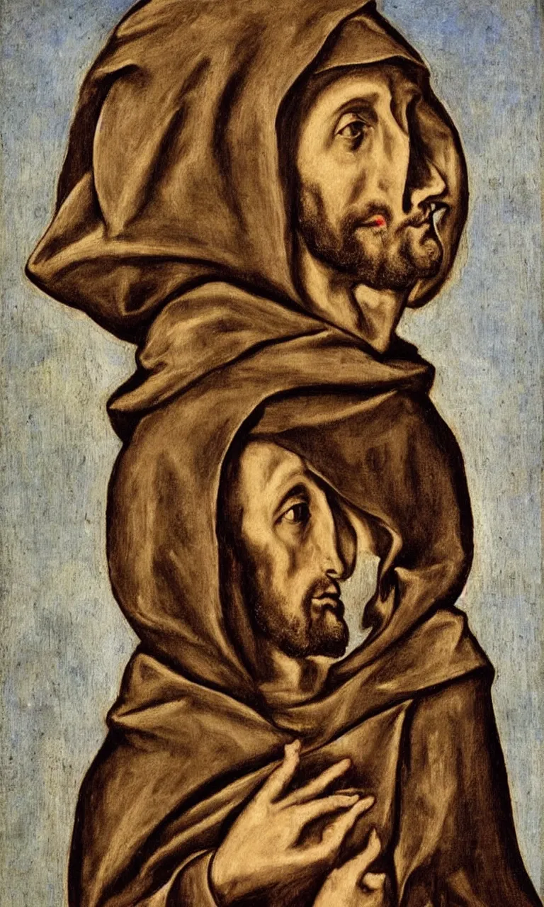 Prompt: an oil painting of Saint Francis of Assisi, half length, very detailed face and wearing brown habit and hood, by El Greco