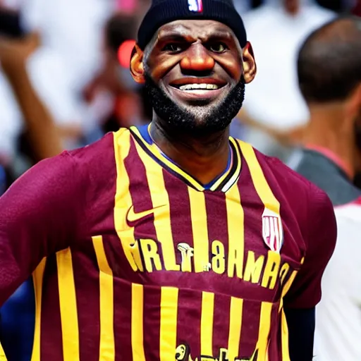 Image similar to lebron james wearing atletico de madrid soccer shirt