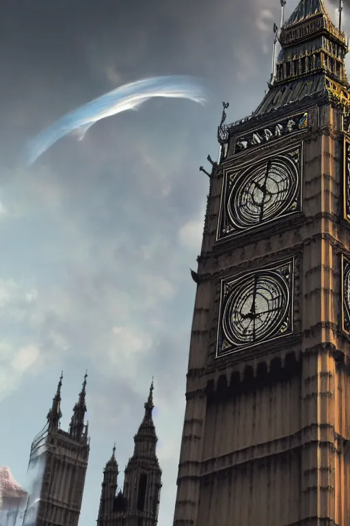 Prompt: photography of a highly detailed ghost pirate ship flying in the sky. big ben, london background. intricate, hyper realism, professional digital art, unreal engine 5, 8 k render, sharp focus, trending on art station.