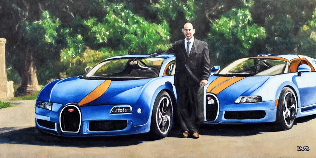 Image similar to a painting of andrew tate and his bugatti by bob ross