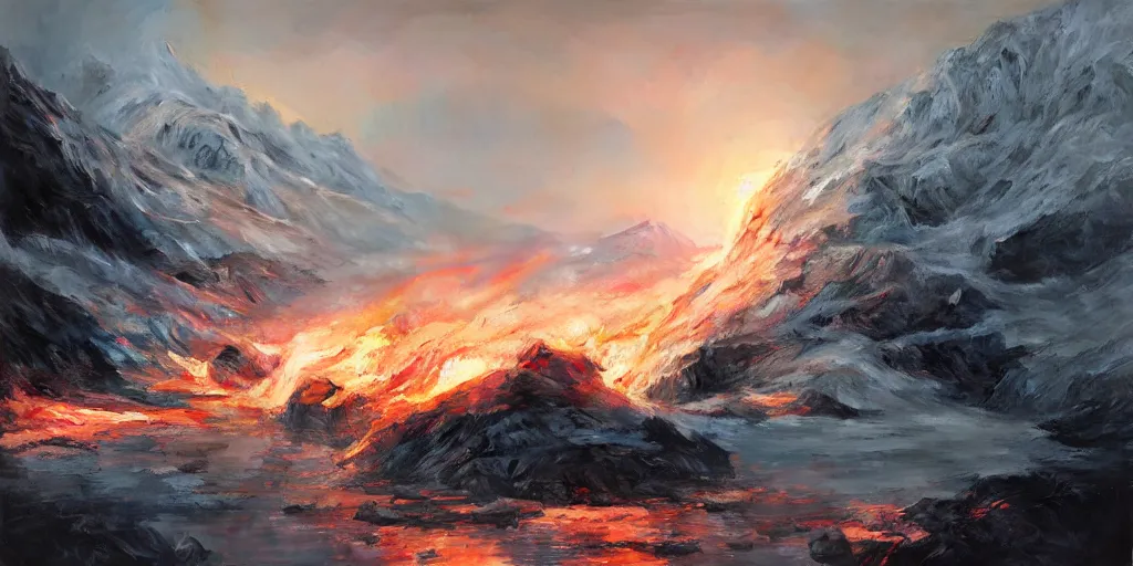 Image similar to alaskan glacier on fire, dim volumetric lighting, 8 k octane render, postprocessing, hyperdetailed, intricate, epic composition, cinematic lighting, masterpiece, trending on artstation, stunning art by anders zorn, extraordinary artwork by greg rutkowski