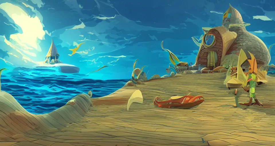 Image similar to giant seashell house in the ocean, by laika, ralph mcquarrie, in the style of zelda windwaker, triadic color scheme, cell shading, 3 d