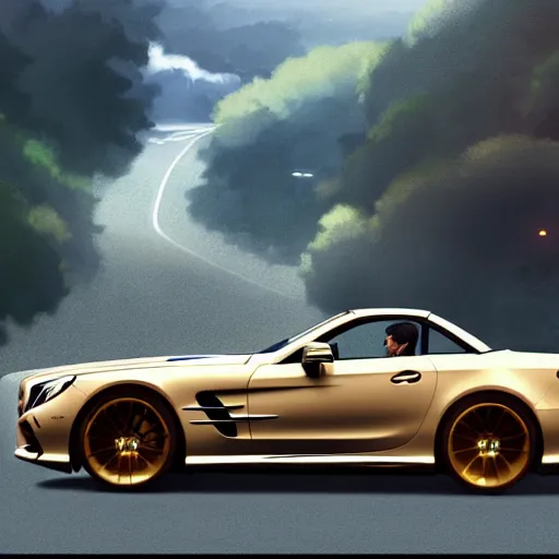 Image similar to detailed intricate digital illustration by greg rutkowski and artgerm and wlop and sanford robinson gifford ; steve jobs driving mercedes sl ; 1 3 mm film, arri alfa anamorphic lens ; sharp focus ; golden hour, trending on artstation 8 k