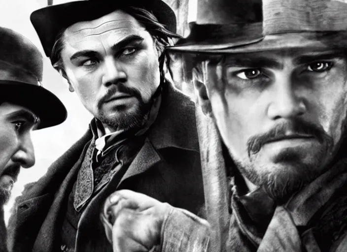 Image similar to an action scene from the movie gangs of new york, medium long shot, leonardo dicaprio and daniel day - lewis, sharp eyes, serious expressions, detailed and symmetric faces, black and white, cinematic, epic,