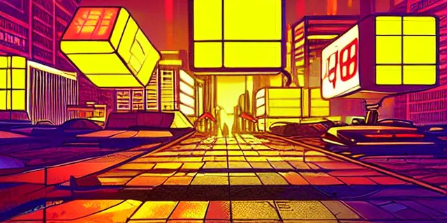 Image similar to large glowing cubes floating in the middle of a cyberpunk tokyo 2 0 9 9 city, in the art style of dan mumford and marc simonetii, atmospheric lighting, intricate, volumetric lighting, beautiful, sharp focus, ultra detailed