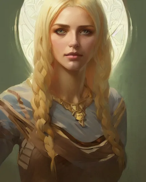 Image similar to '' Portrait of Beautiful blonde Slavic woman in her early 30’s, league of legends, LOL, fantasy, d&d, digital painting, artstation, concept art, sharp focus, illustration, art by greg rutkowski and alphonse mucha ''