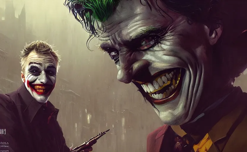 Prompt: highly detailed portrait of christoph waltz as the joker, in batman comic book, stephen bliss, unreal engine, fantasy art by greg rutkowski, loish, rhads, ferdinand knab, makoto shinkai and lois van baarle, ilya kuvshinov, rossdraws, tom bagshaw, global illumination, radiant light, detailed and intricate environment