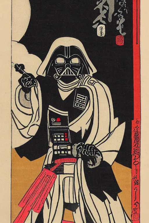 Prompt: Japanese woodblock print of Darth Vader holding a samurai sword , cherry blossom, Hokusai