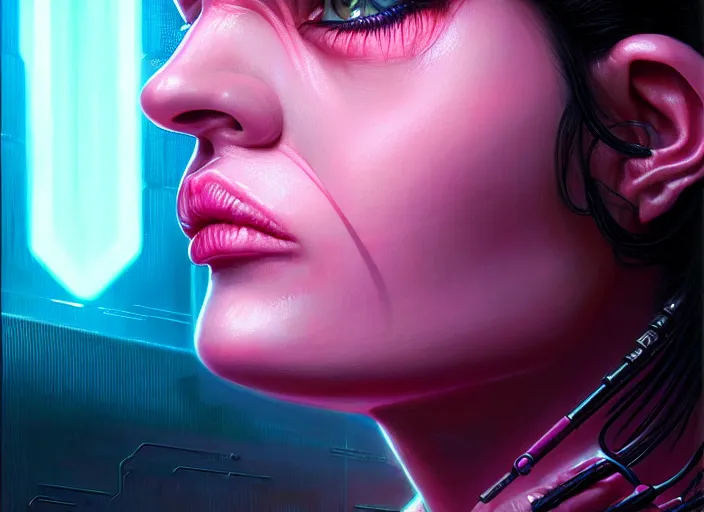 Image similar to portrait shot of a female pink vader with full lips in cyberpunk 2 0 7 7, intricate, elegant, highly detailed, centered, digital painting, artstation, concept art, smooth, sharp focus, illustration, artgerm, tomasz alen kopera, peter mohrbacher, donato giancola, joseph christian leyendecker, wlop, boris vallejo