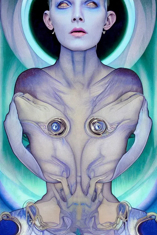 Image similar to beautiful portrait of a blue alien woman with 4 insect eyes, wearing an outfit made from plutonium, silicone skin, symmetrical face, by alphonso mucha, ear piercings resembling plasma jets, the 5 th element, cinematrographic, hyperrealism elegant, soft shapes, sharp details, 3 5 mm, f / 2 4, masterpiece