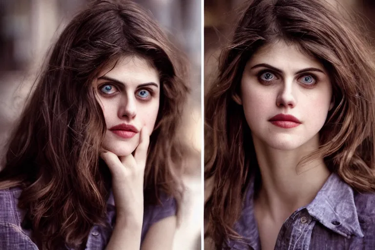 Image similar to closeup portrait Alexandra Daddario in a smoky new york back street, by Steve McCurry and David Lazar, natural light, detailed face, CANON Eos C300, ƒ1.8, 35mm, 8K, medium-format print