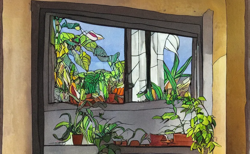 Image similar to sleeping cat on window, inside house in village, plants, sun, orphism style