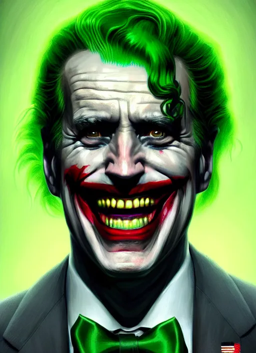 Image similar to portrait of joe biden as the joker, green hair, intricate, elegant, glowing lights, highly detailed, digital painting, artstation, concept art, sharp focus, illustration, art by wlop, mars ravelo and greg rutkowski