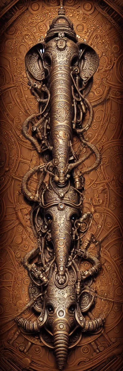 Image similar to seamless pattern of steampunk cybernetic biomechanical hindu god ganesha, symmetric, 3 d model, very coherent symmetrical artwork, unreal engine realistic render, 8 k, micro detail, intricate, elegant, highly detailed, centered, digital painting, artstation, smooth, sharp focus, illustration, artgerm, tomasz alen kopera, wlop